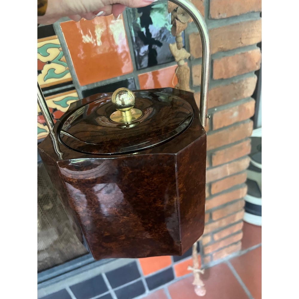 Georges Briard Vintage Ice Bucket Faux Burlwood Octagon MCM Barware Brown Brass